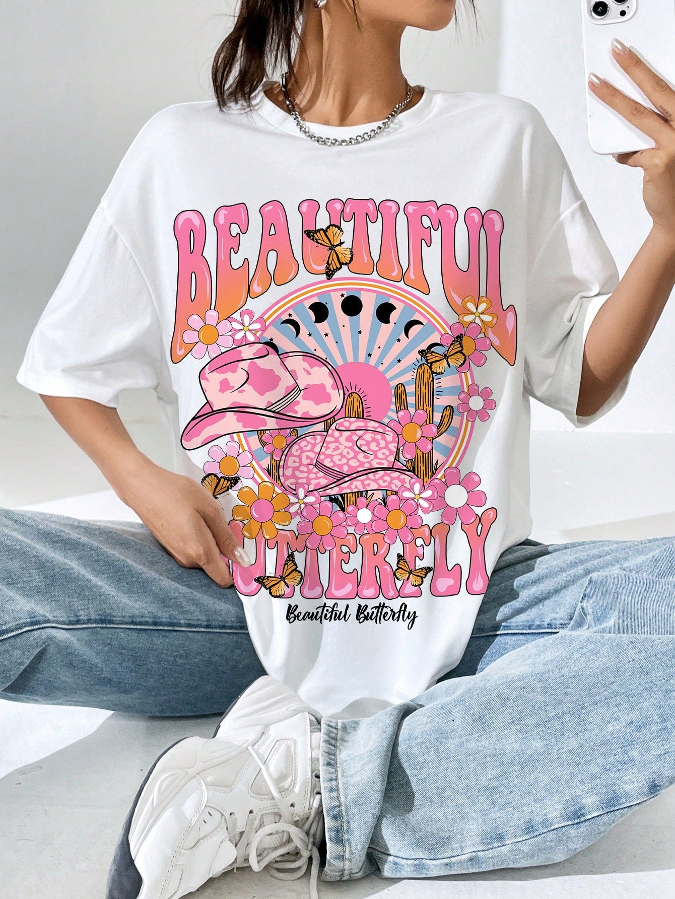 تي شيرت نسائي برقبة دائرية وأكمام قصيرة وطبعة فراشة وحرف عاري المظهر للإرتداء اليومي في الربيع/الصيف