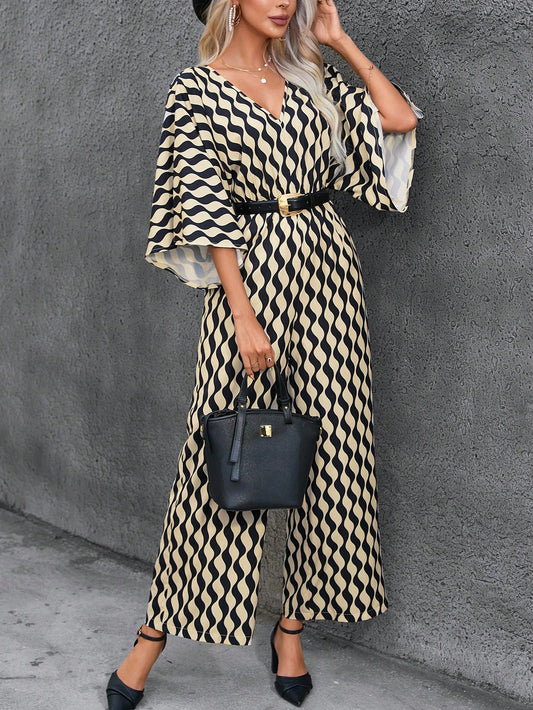 بدسويت بساق واسع طباعة شامل اكمام جناح الخفاش