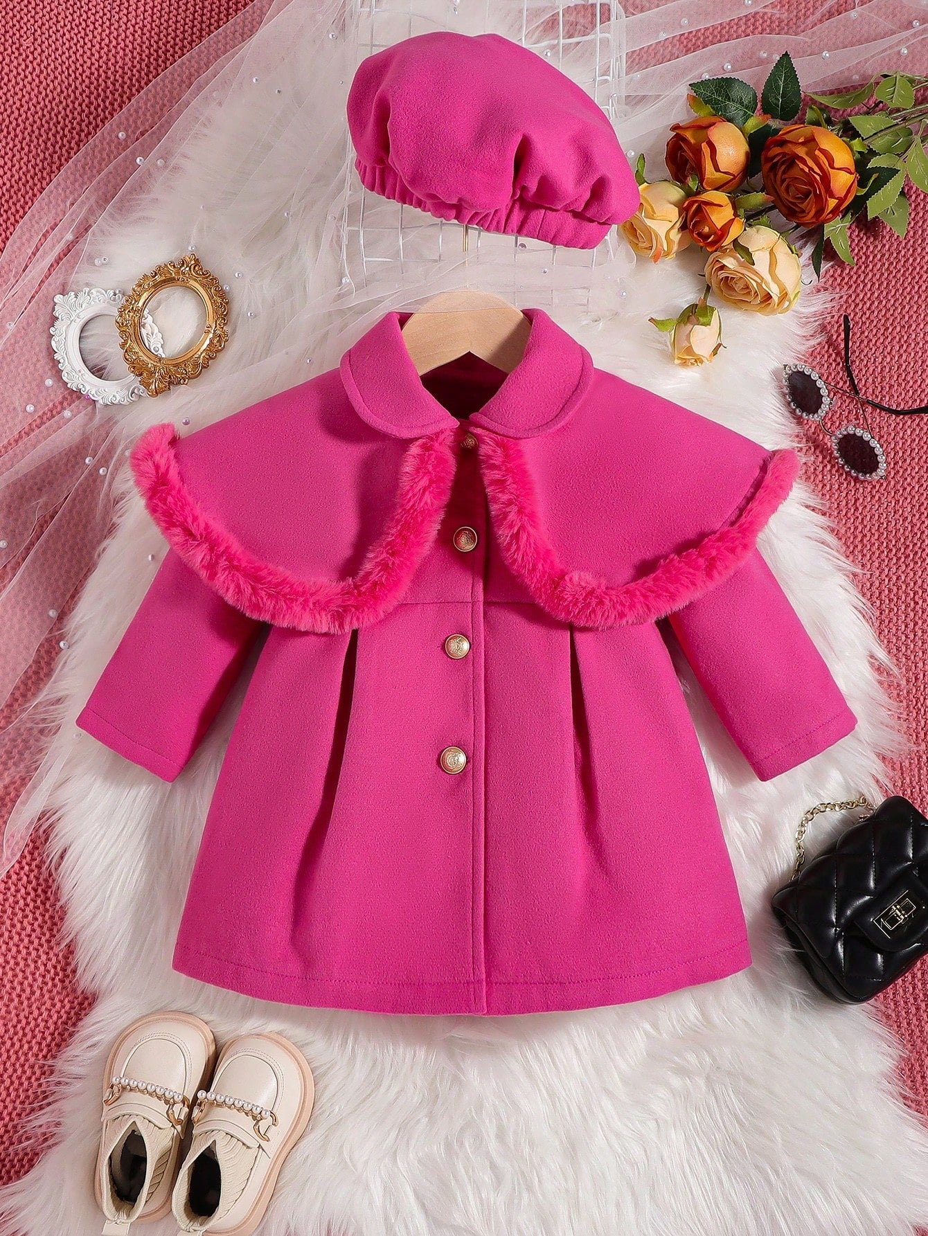 للبنات الاطفال مقلم زغبي تجاعيد مطوية معطف & قبعة