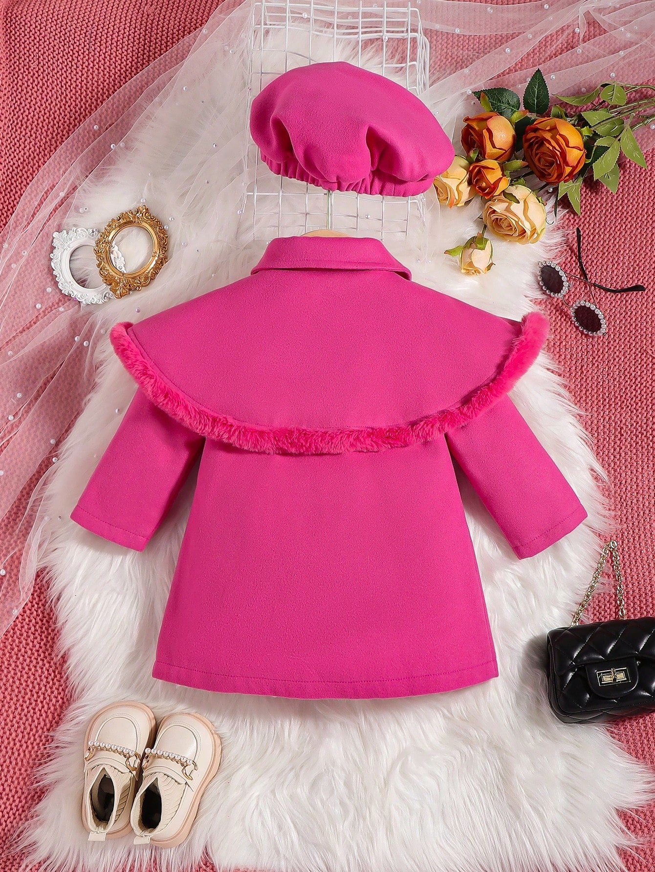 للبنات الاطفال مقلم زغبي تجاعيد مطوية معطف & قبعة