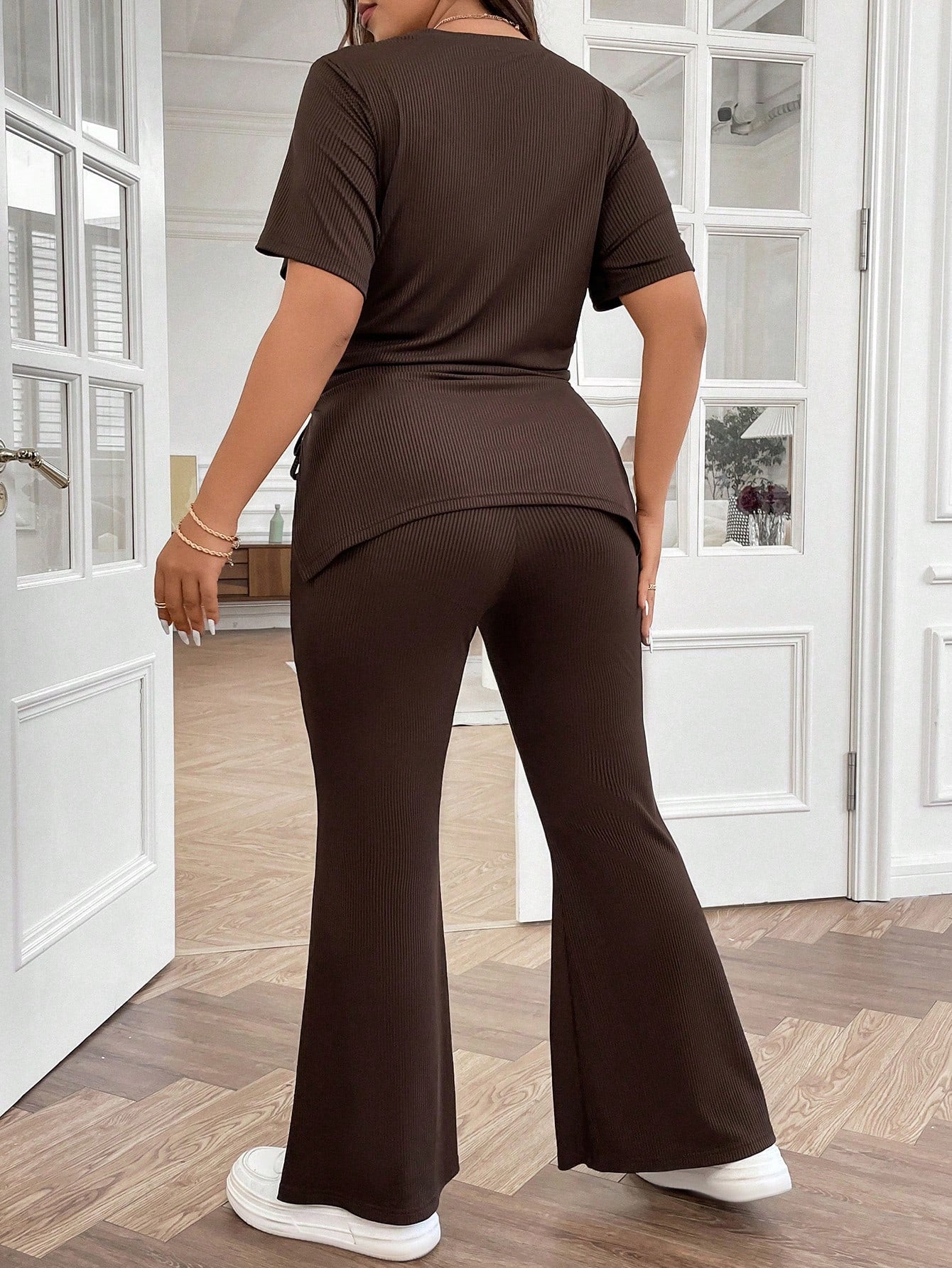 EZwear مقاس كبير رباط جانبي تي شيرت & بنطلون بساق واسع
