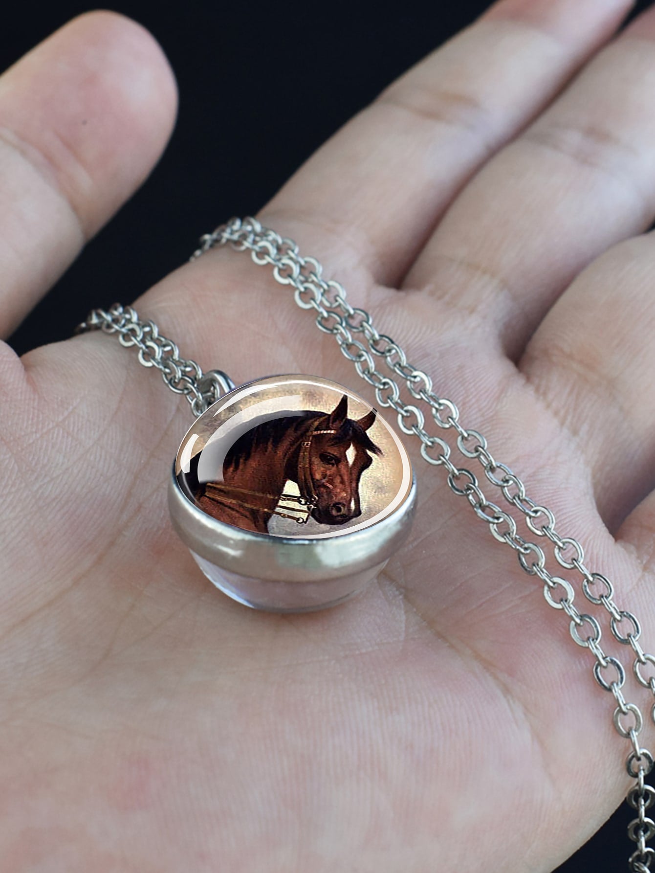 قلادة على شكل نصف كرة زجاجية ورأس حصان