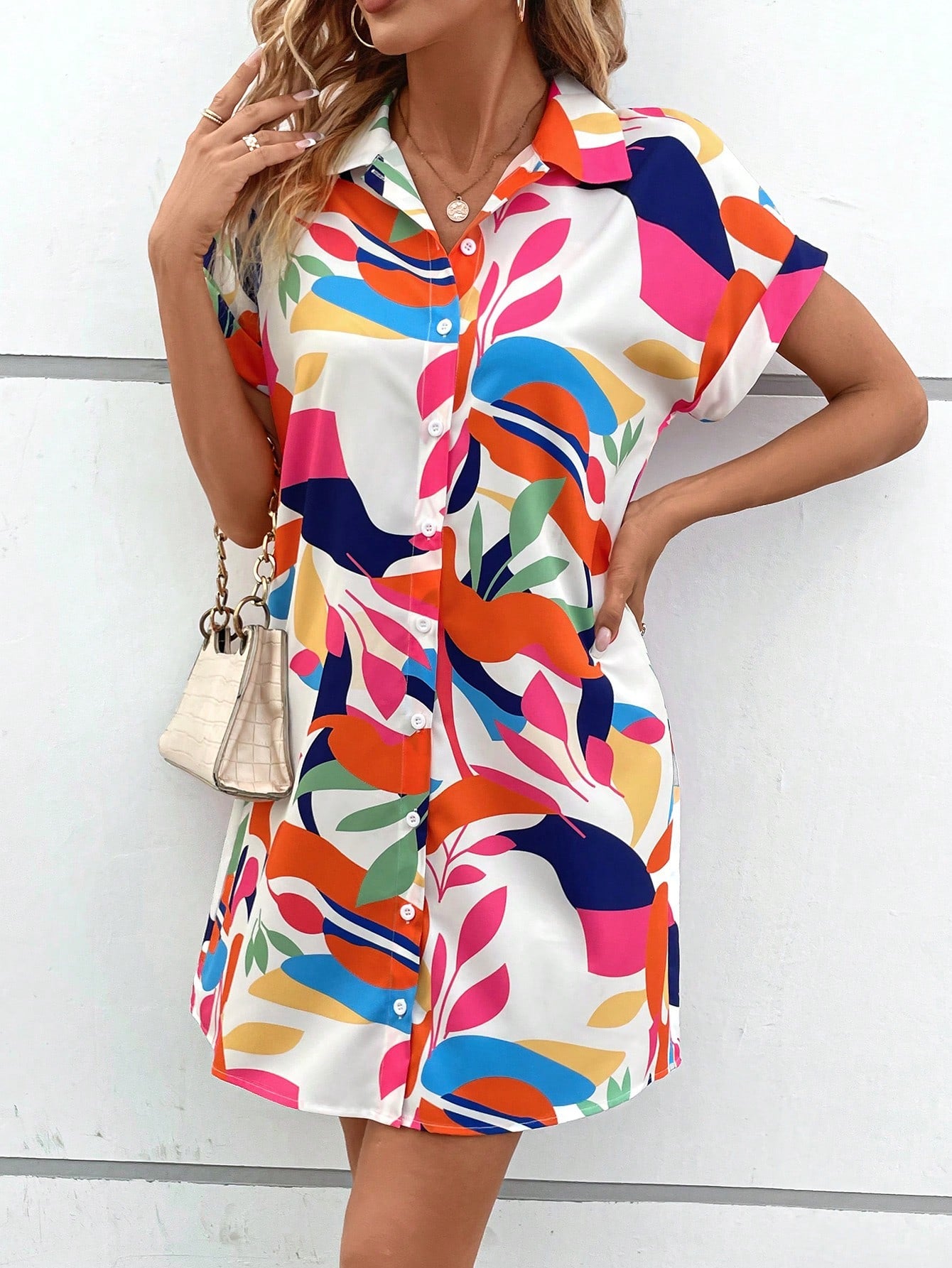 فستان قميص طباعة شامل اكمام جناح الخفاش