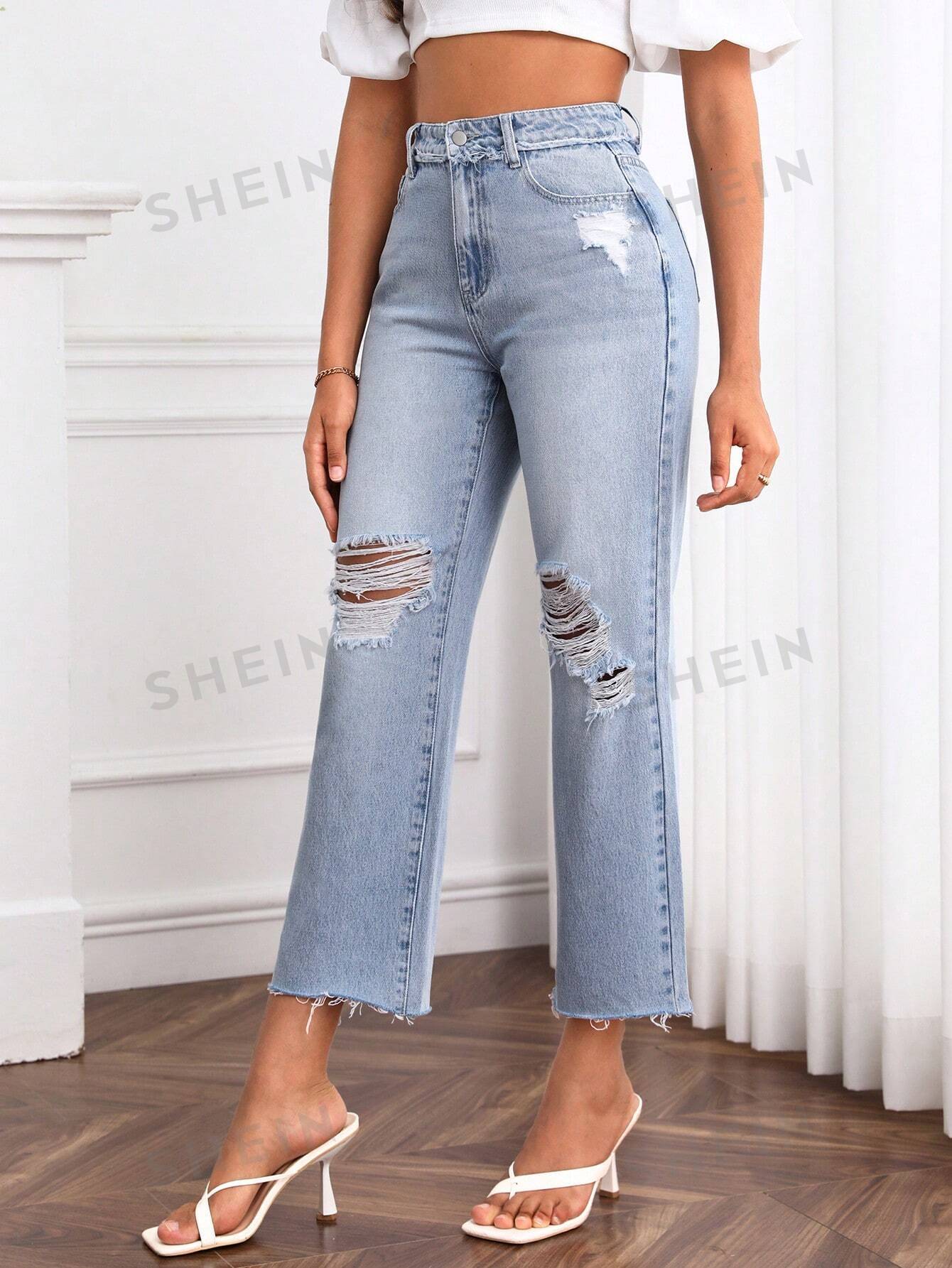 جينز بساق مستقيم حافة خام ممزق