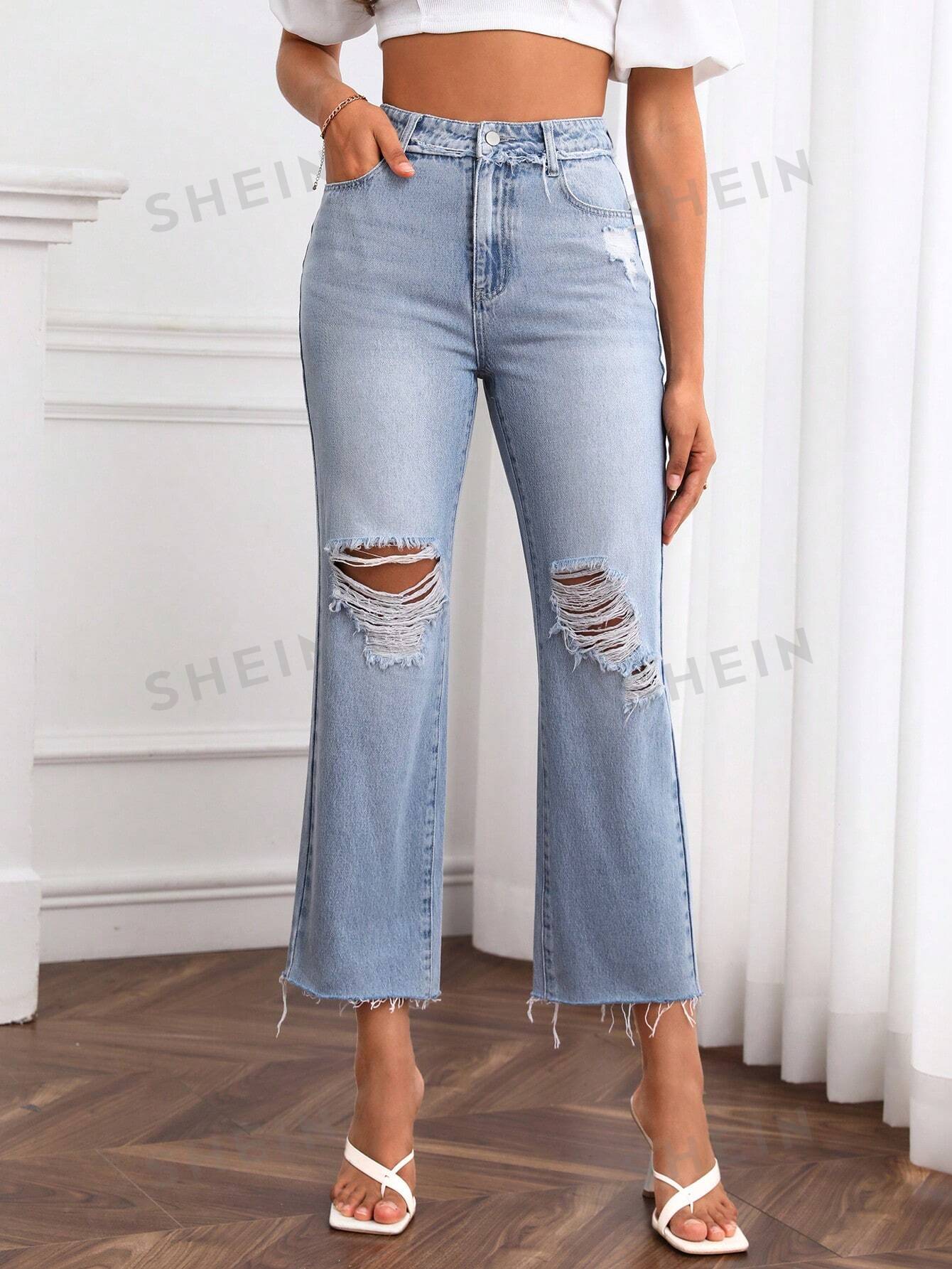 جينز بساق مستقيم حافة خام ممزق