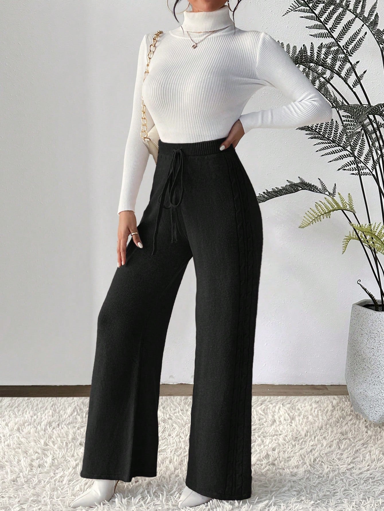 بنطلون رباط خصر ساق عريضة حياكة