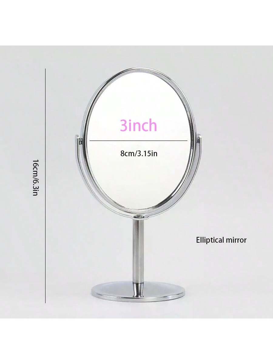 مرآة ماكياج مكتبية معدنية ذات وجهين ، 3 بوصات، دائرية أو بيضوية، مرآة تجميل محمولة، مرآة بتكبير 1:2، مرآة دوارة بزاوية 360 درجة