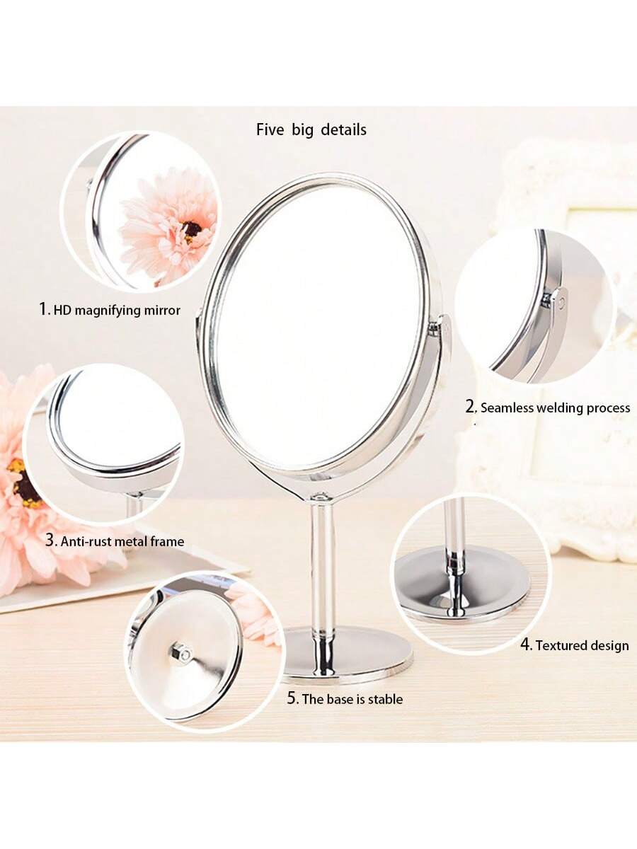 مرآة ماكياج مكتبية معدنية ذات وجهين ، 3 بوصات، دائرية أو بيضوية، مرآة تجميل محمولة، مرآة بتكبير 1:2، مرآة دوارة بزاوية 360 درجة
