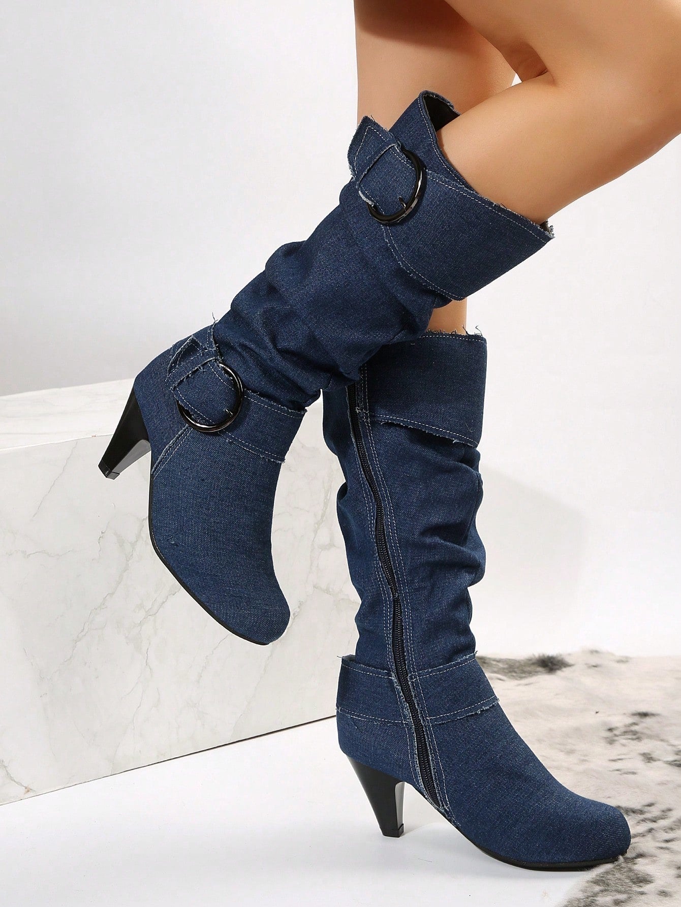 للنساء باصابع قدم دائري سحاب جانبي كعب عالي عالي للركبة جزمة برقبة طويلة , الموضة حذاء