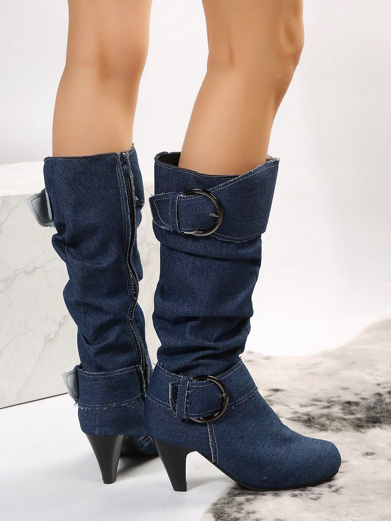 للنساء باصابع قدم دائري سحاب جانبي كعب عالي عالي للركبة جزمة برقبة طويلة , الموضة حذاء