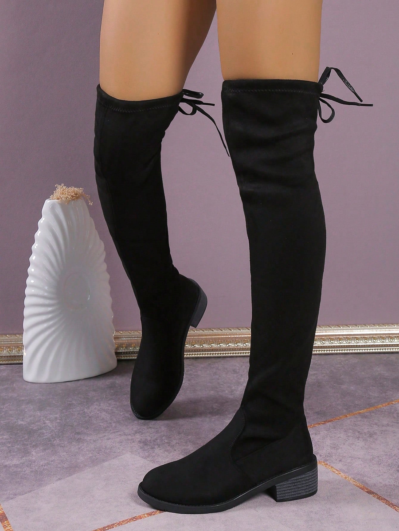 الأحذية فوق الركبة للنساء موضة جديدة خريف/شتاء، كعب سميك نحيف، بوت طويلة دافئة مرنة، بوت فستان قياسات كبيرة ذات بُعد عالي مسطح