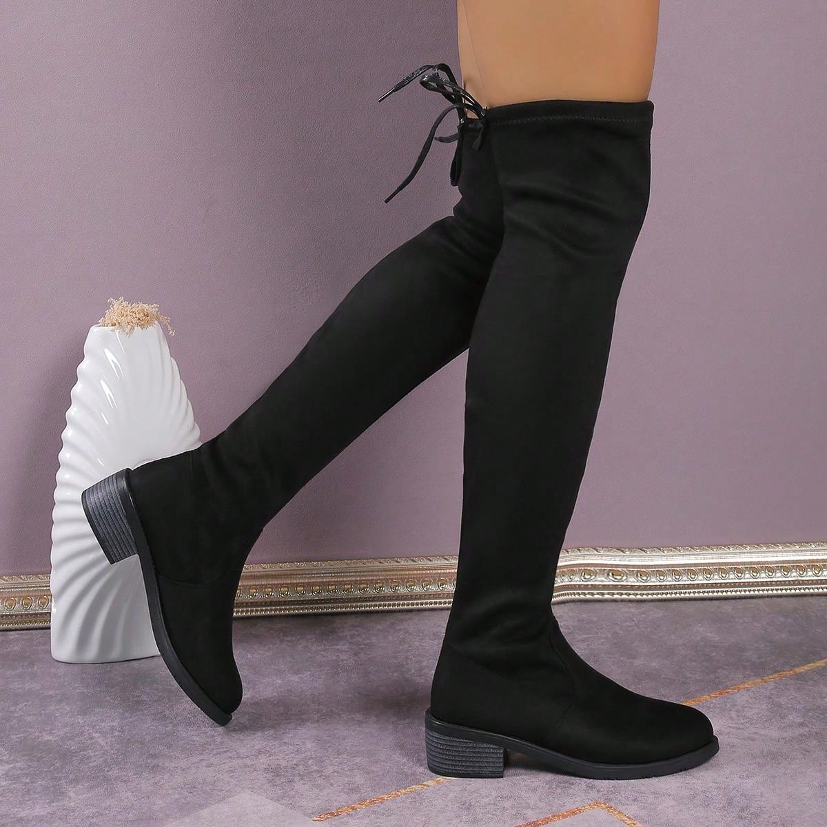 الأحذية فوق الركبة للنساء موضة جديدة خريف/شتاء، كعب سميك نحيف، بوت طويلة دافئة مرنة، بوت فستان قياسات كبيرة ذات بُعد عالي مسطح