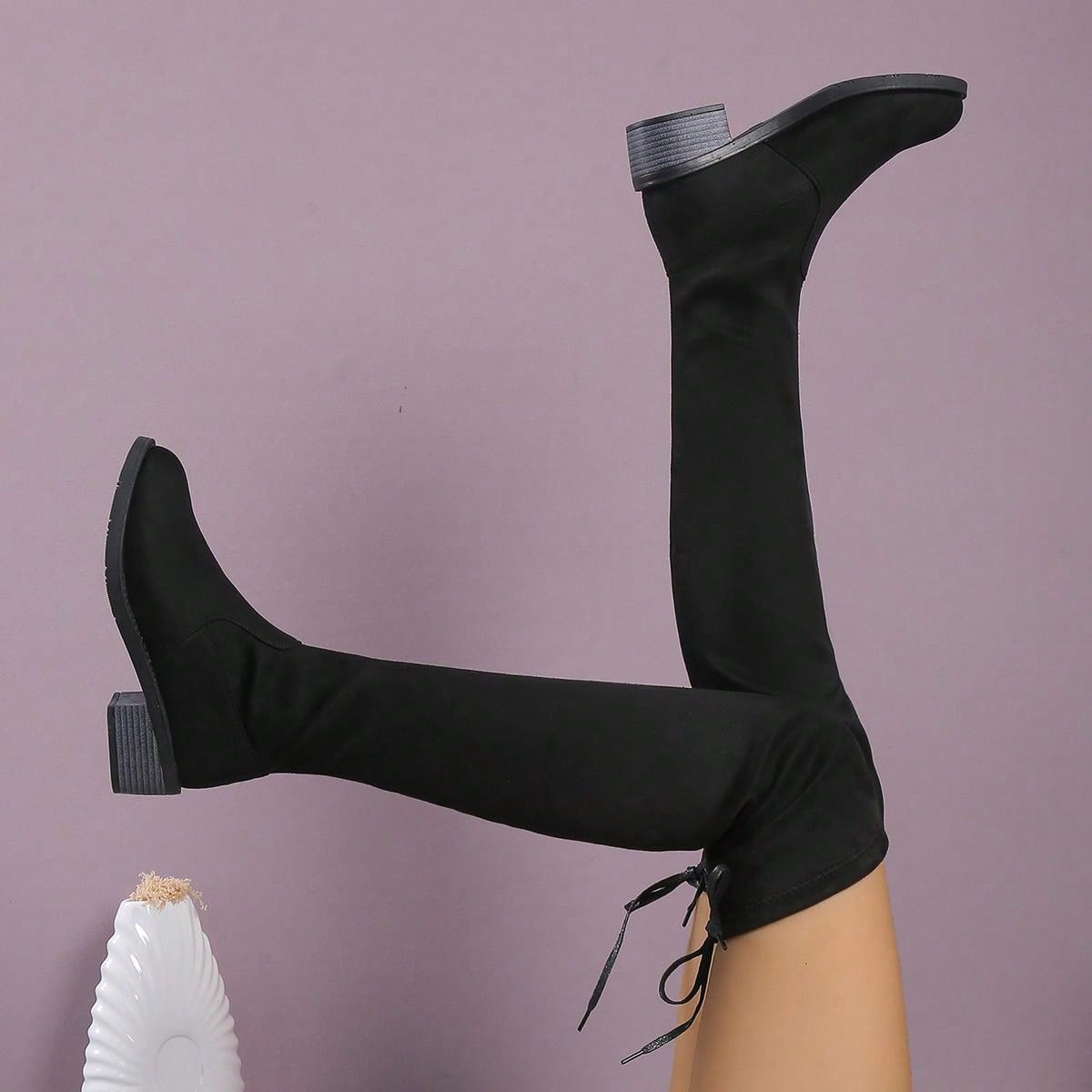 الأحذية فوق الركبة للنساء موضة جديدة خريف/شتاء، كعب سميك نحيف، بوت طويلة دافئة مرنة، بوت فستان قياسات كبيرة ذات بُعد عالي مسطح