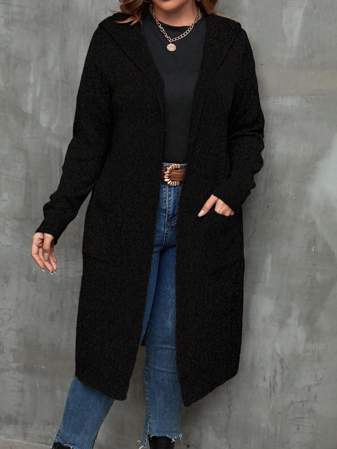 كارديجان جيب مزدوج قبعة مفتوح امامي مقاس كبير