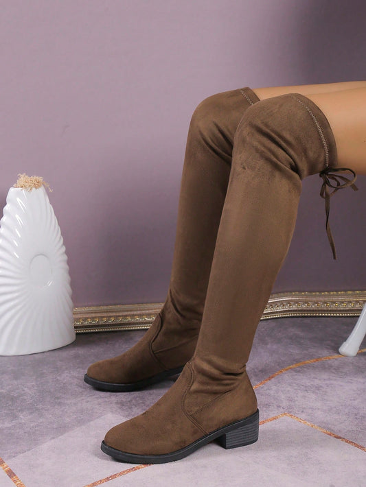 بوت طويلة حتى الفخذ للنساء موديلات جديدة موضة، كعب سميك، مرن، دافئ، مقاس كبير، مسطح، شتوي