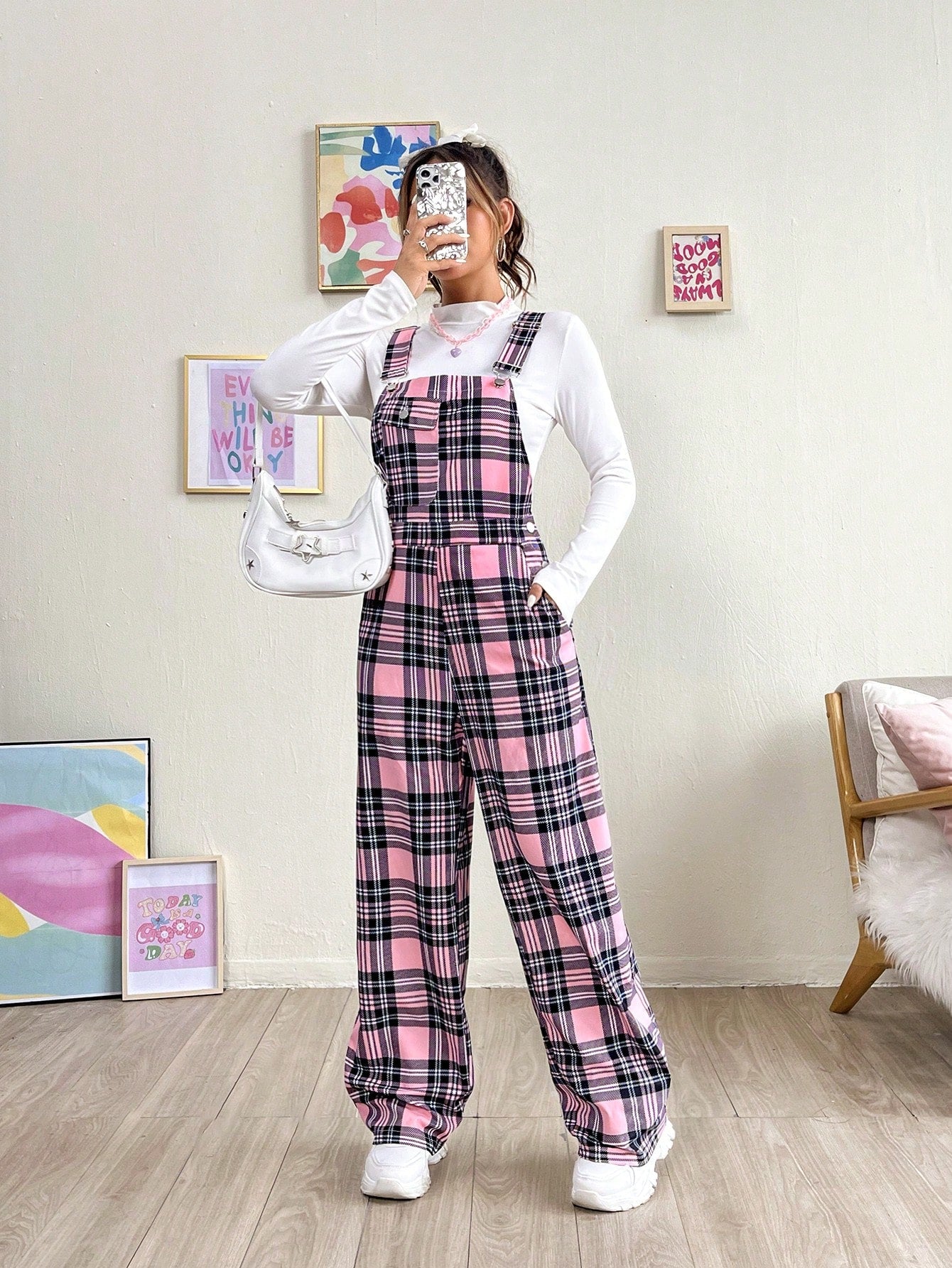 جمبسوت بحمالات طباعة مربع النقش جيب مائل بدون تي شيرت