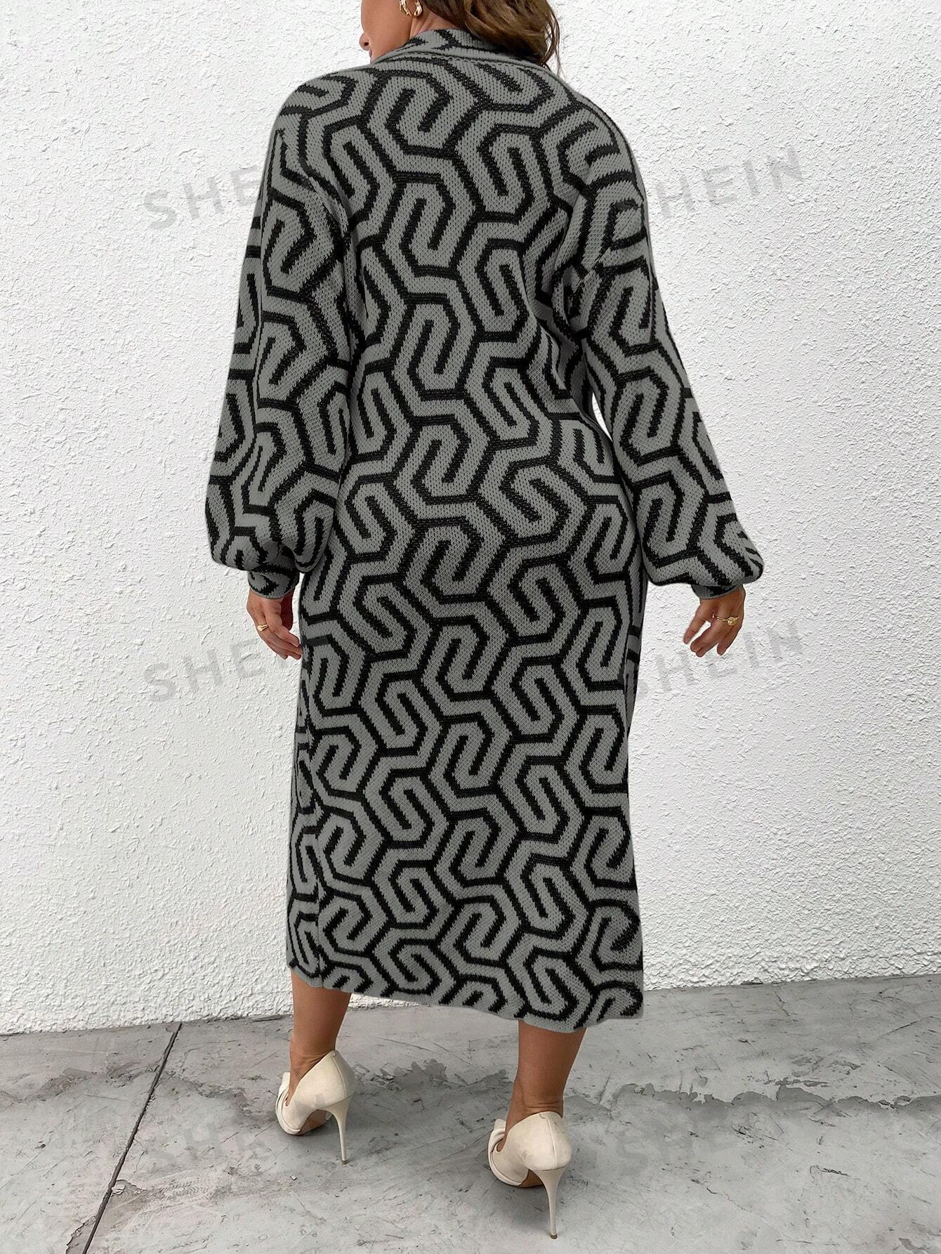 فستان صوف ضيق نمط هندسي منخفض الاكتاف ياقة مغرق أكمام فانوس مقاس كبير