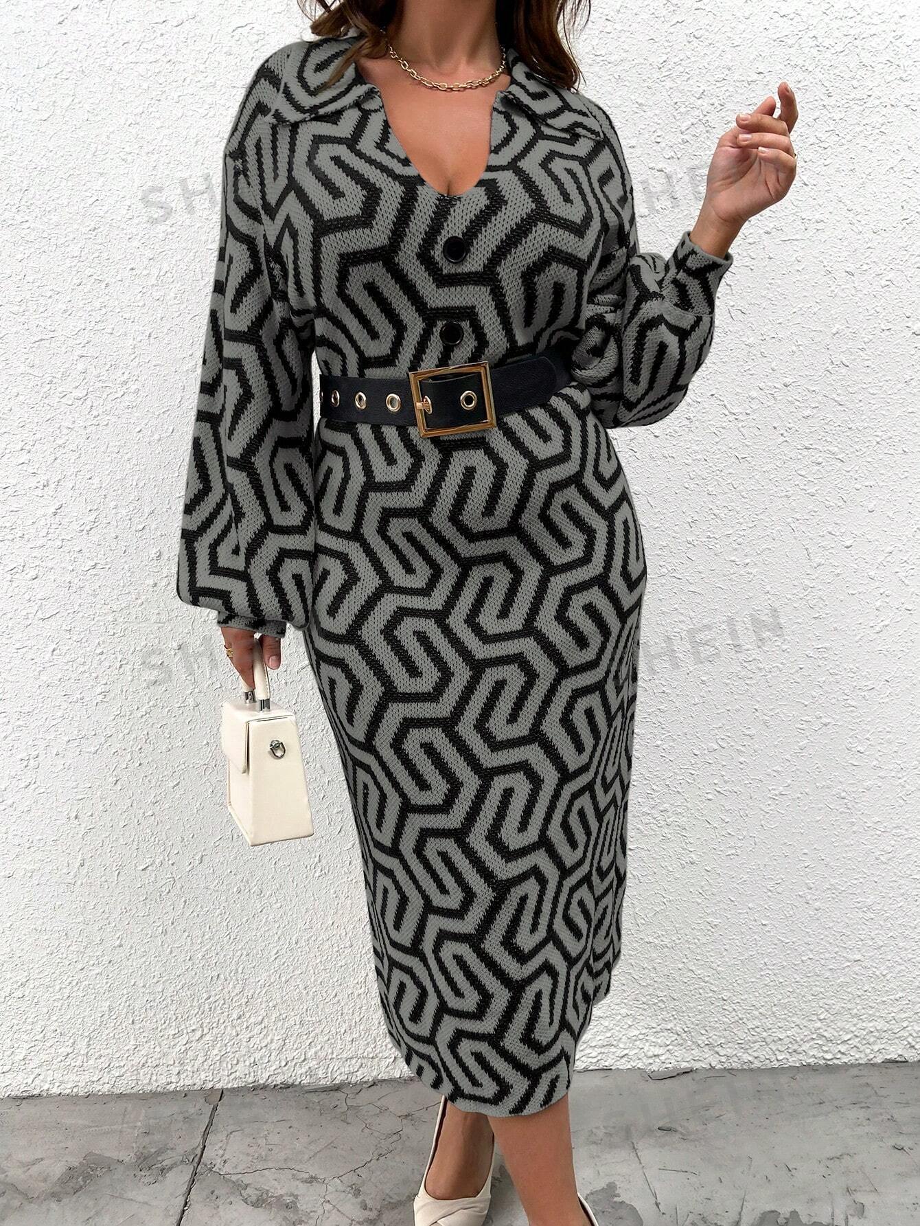 فستان صوف ضيق نمط هندسي منخفض الاكتاف ياقة مغرق أكمام فانوس مقاس كبير