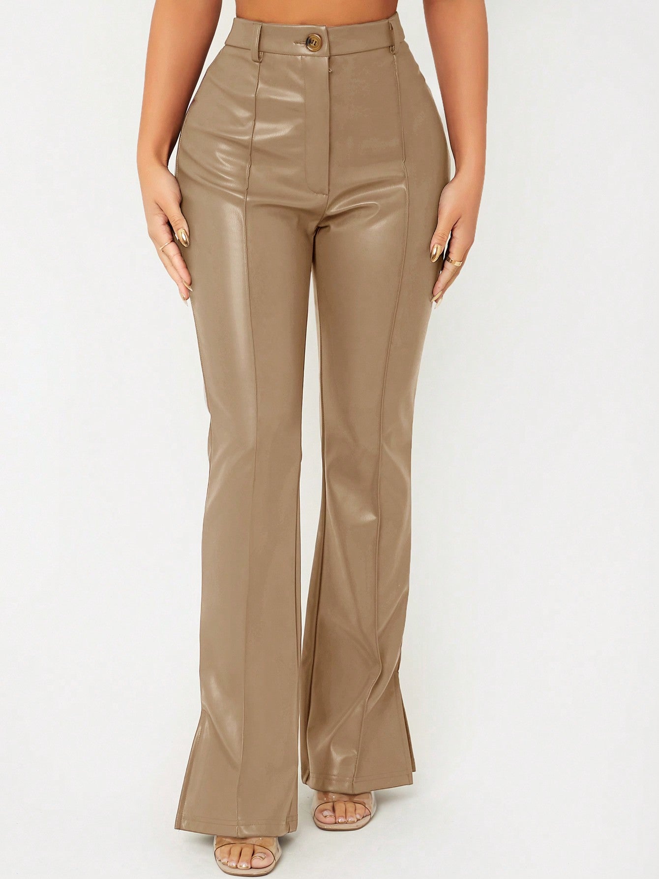 بنطلون بساق واسع خصر عالي بحافة شق جلد صناعي