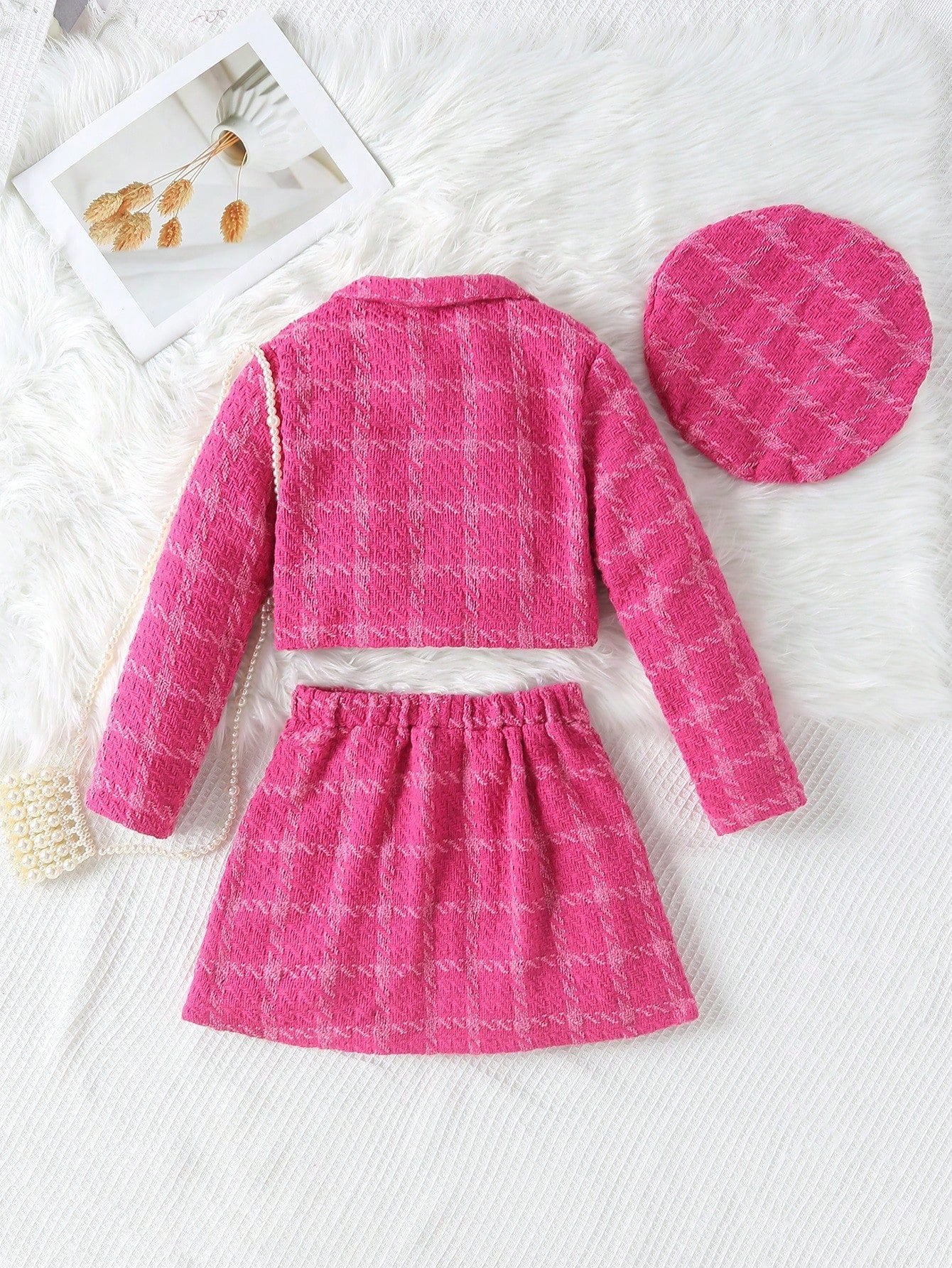 بنت طفل طباعة مربع النقش بتفاصيل رفرف تويد جاكيت & تنورة ذو تجاعيد & قبعة