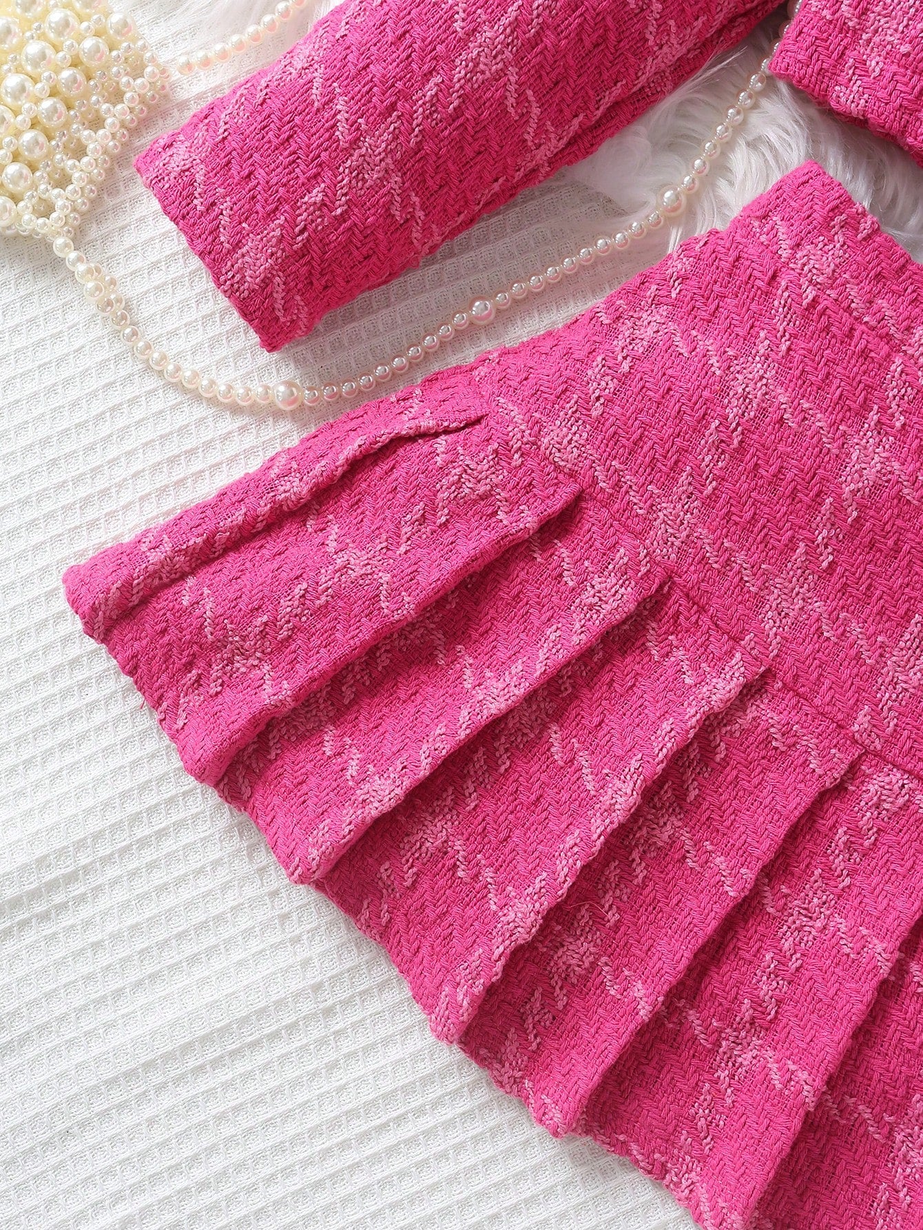 بنت طفل طباعة مربع النقش بتفاصيل رفرف تويد جاكيت & تنورة ذو تجاعيد & قبعة