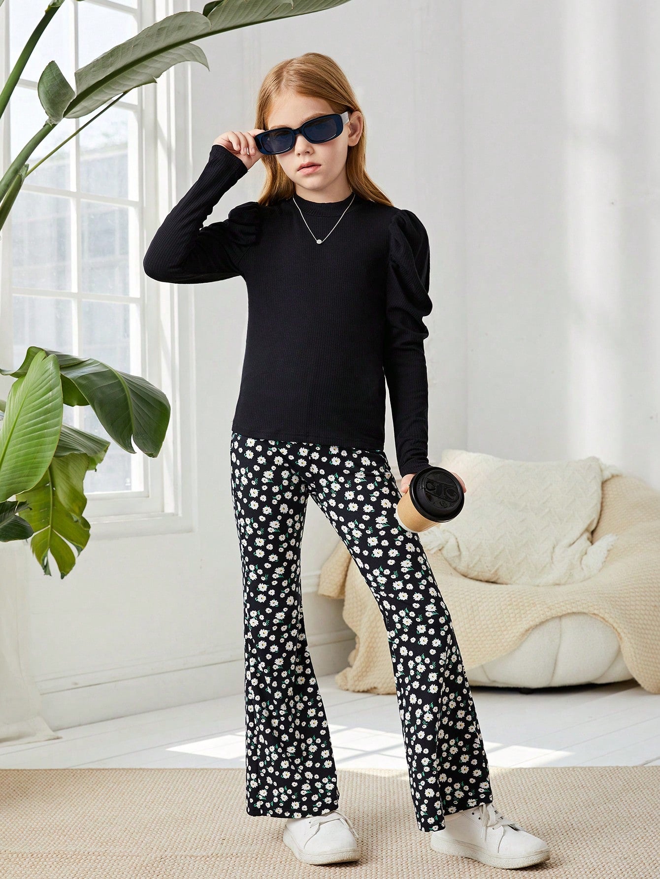 بنت طفل اكمام شكل ساق الضأن وقوف الياقة تي شيرت & بطباعة أزهار اقحوان بنطلون بساق واسع