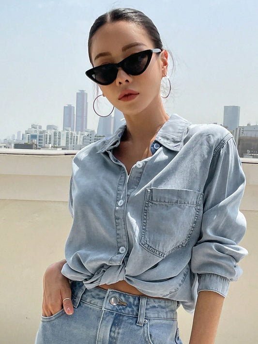 لباس علوي دنيم مرقع جيب أزرار أمامية