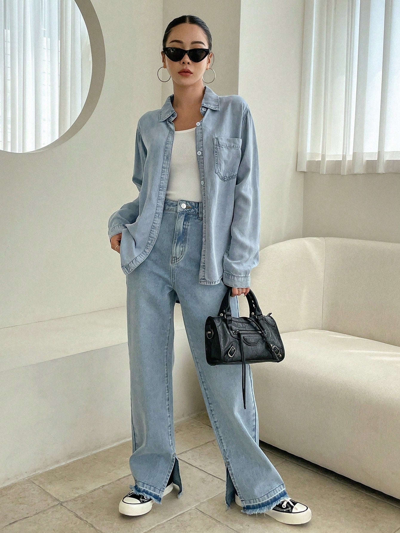 لباس علوي دنيم مرقع جيب أزرار أمامية