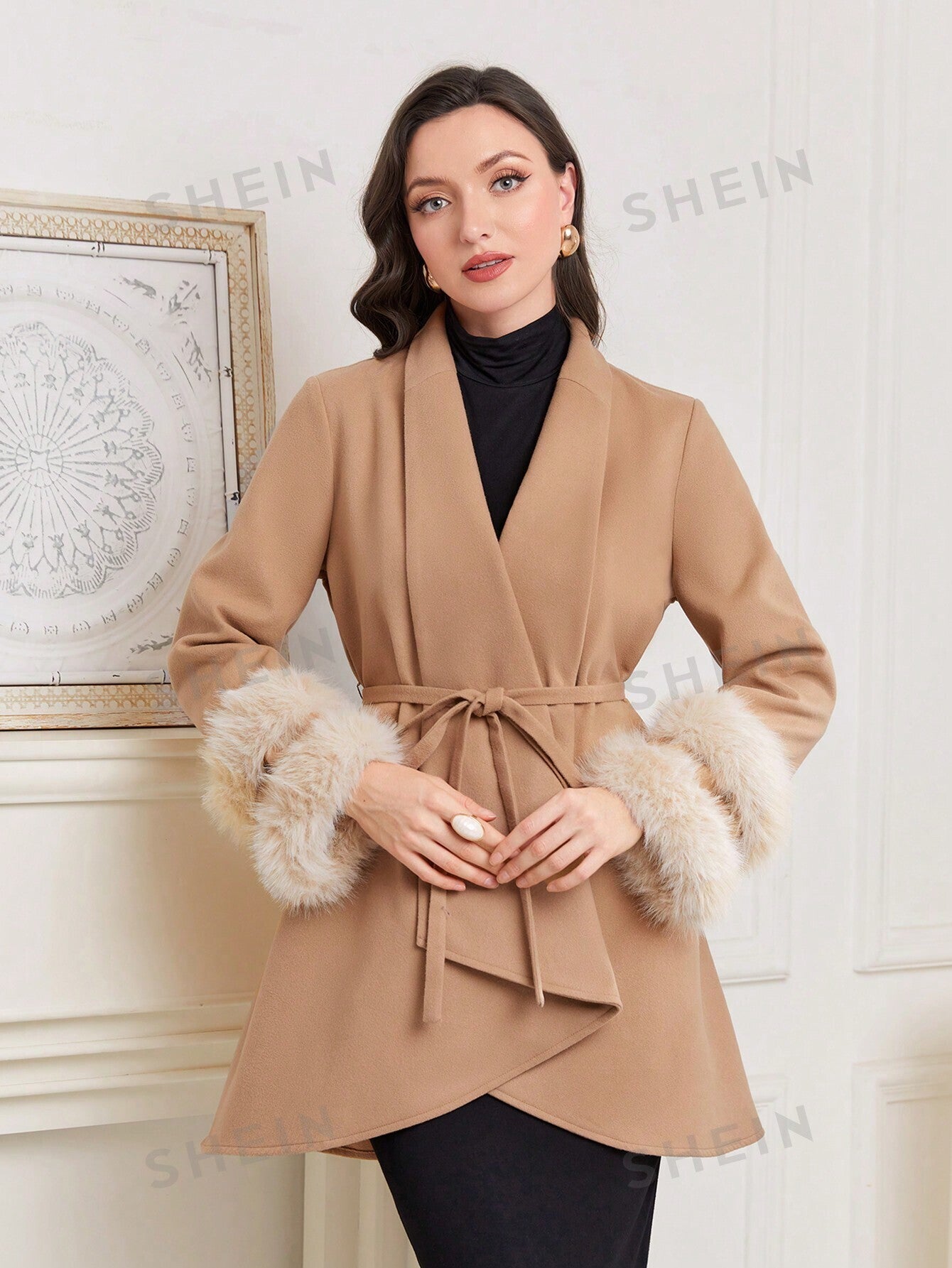 معطف زغبي كفة حزام بقصة ملفوفة