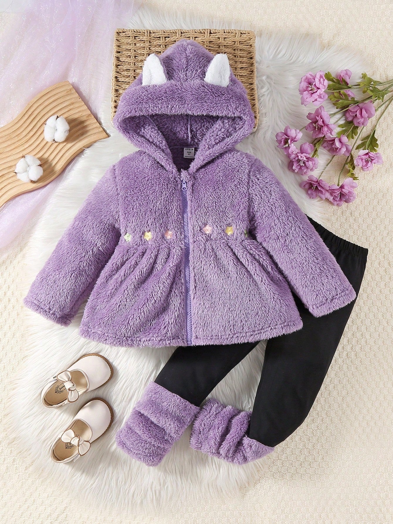 بنت طفل تصميم أذن ثلاثي الأبعاد قبعة معطف تيدي & طماق