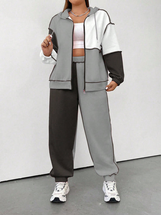 هودي وبنطلون رياضي ألوان متباينة شريط منسوج منخفض الاكتاف مقاس كبير