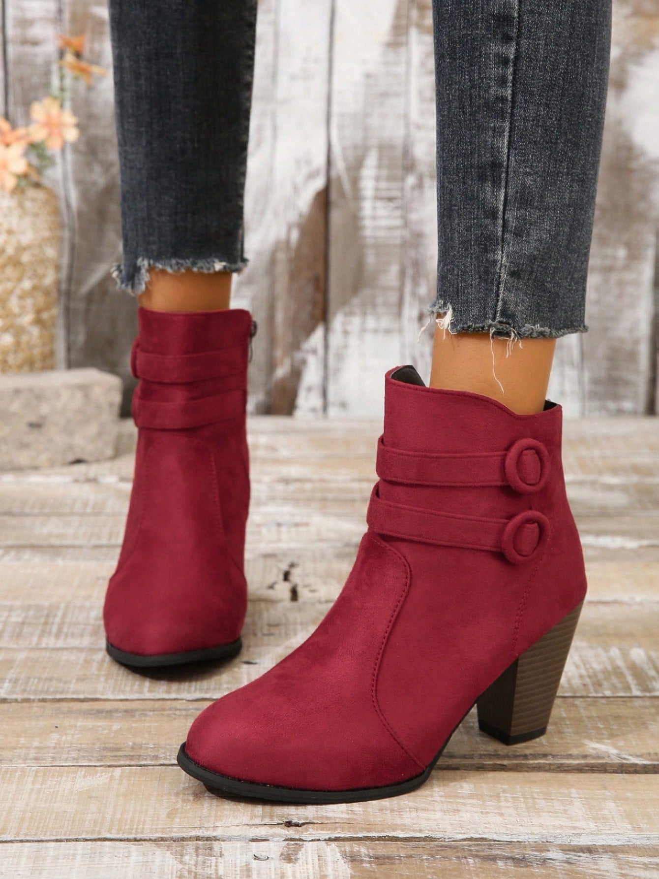 جزمة بوت إلى الكاحل خريف سحاب جانبي للنساء أحمر جلد سويدي مكتنز كعب