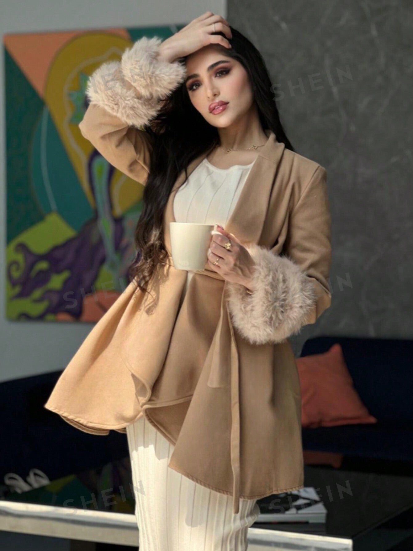 معطف زغبي كفة حزام بقصة ملفوفة