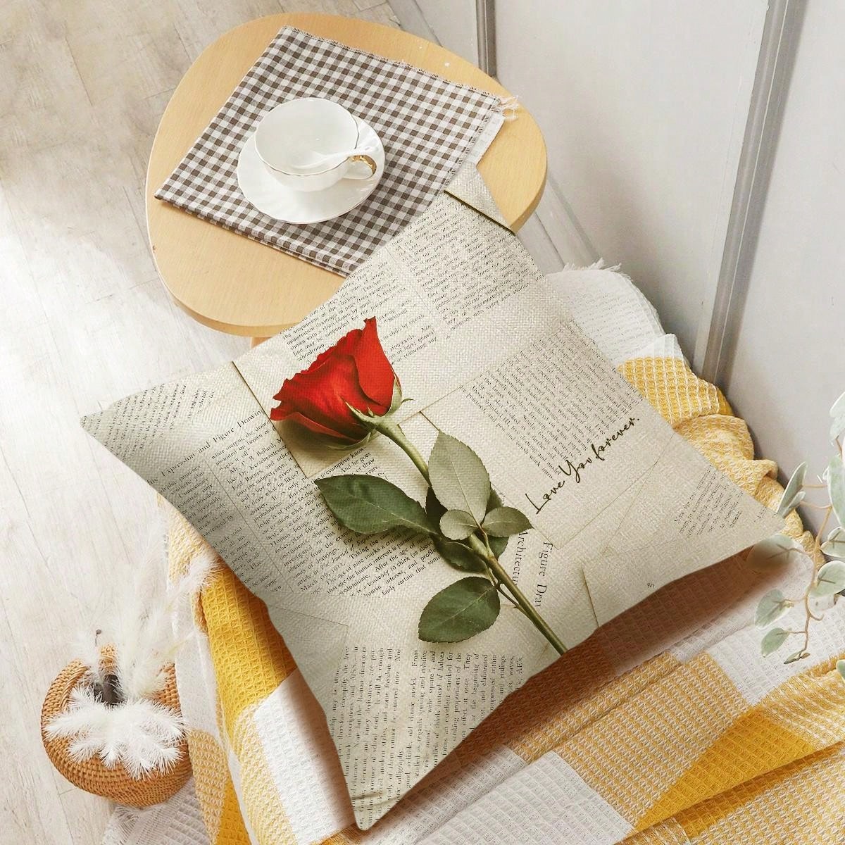 قطعة واحدة من غطاء وسادة من الكتان من جانب واحد بنمط الورد،