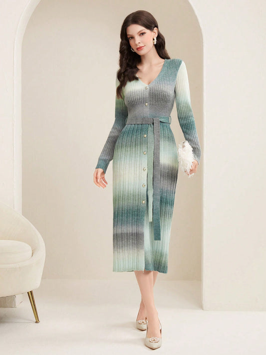 فستان نسائي محبوك مع حزام الخصر بتقنية الصباغة العقدية