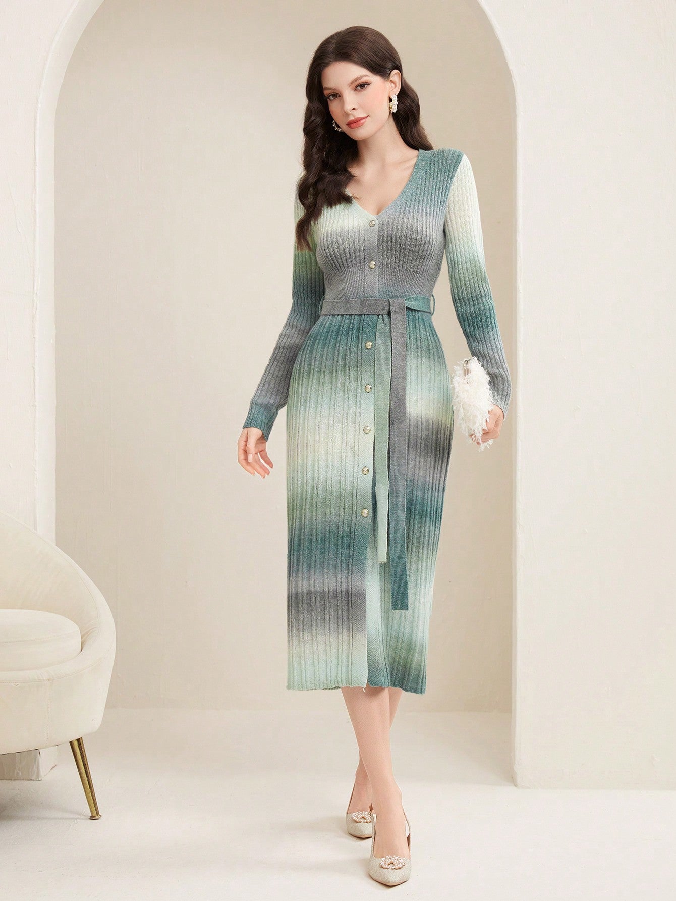 فستان نسائي محبوك مع حزام الخصر بتقنية الصباغة العقدية