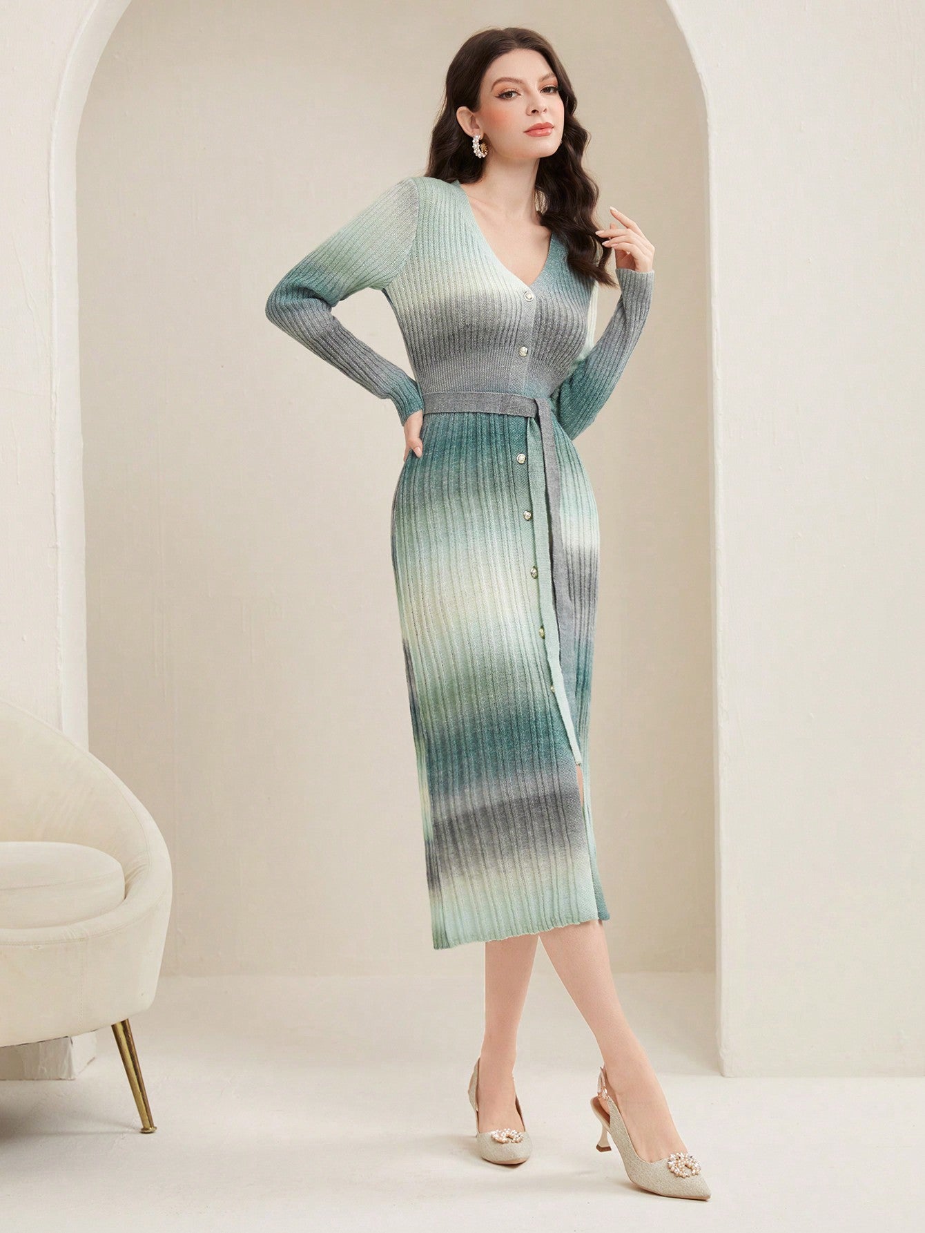 فستان نسائي محبوك مع حزام الخصر بتقنية الصباغة العقدية