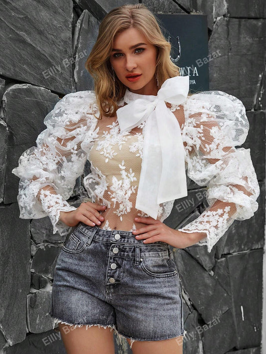 لباس علوي شبكي مطرز بربطة عنق