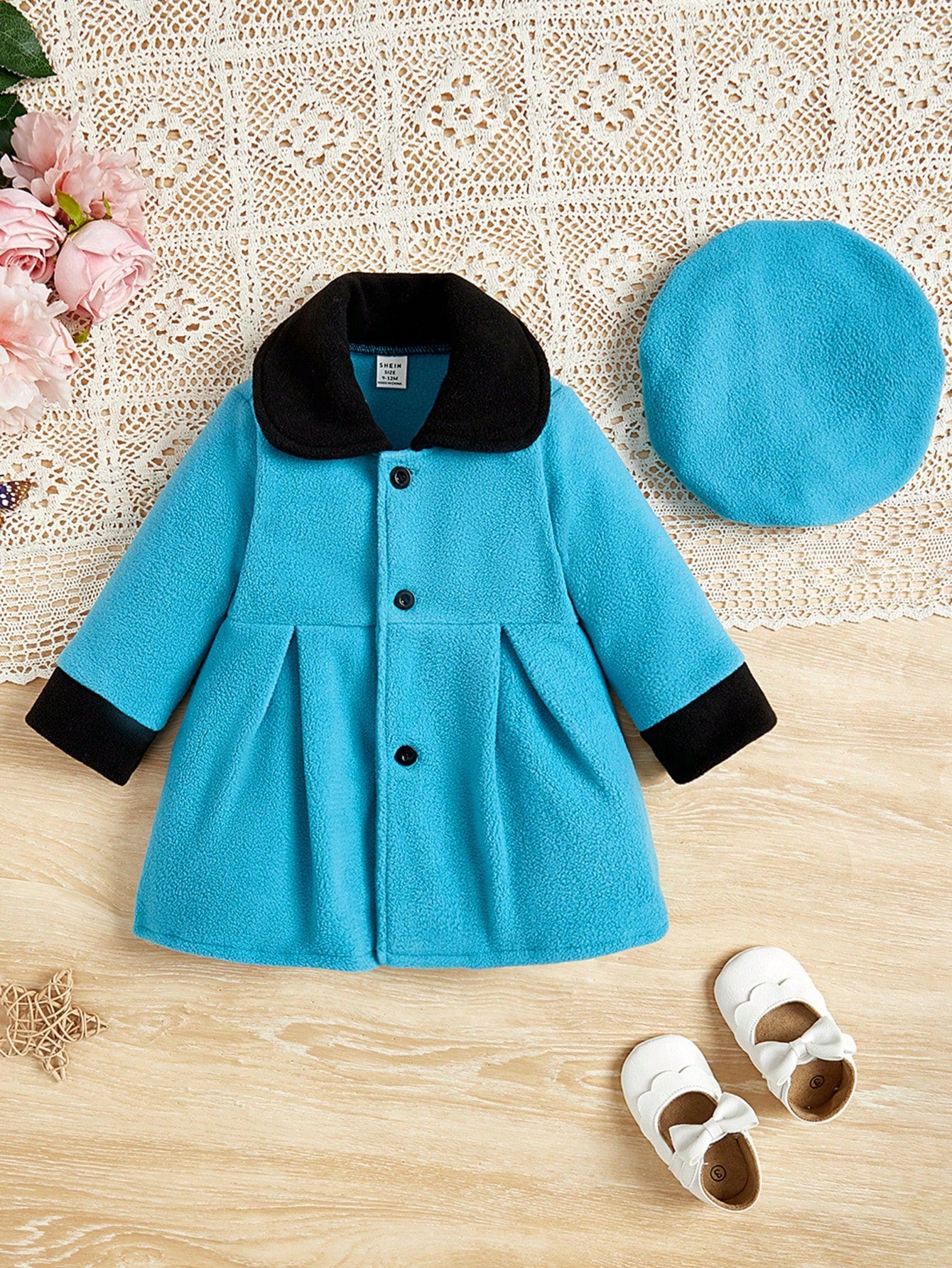 للبنات الاطفال ياقة متباينة تجاعيد مطوية معطف & قبعة