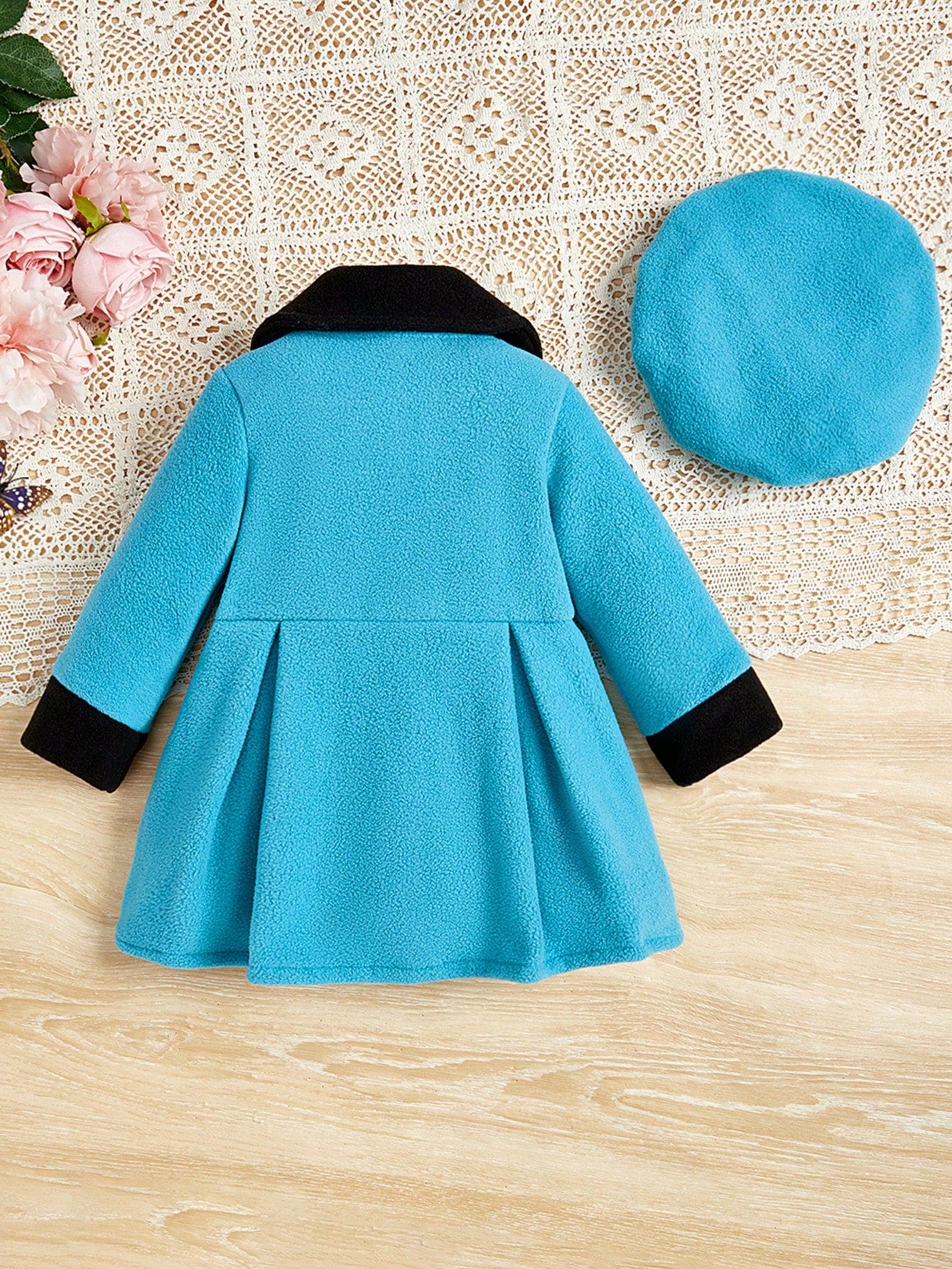 للبنات الاطفال ياقة متباينة تجاعيد مطوية معطف & قبعة