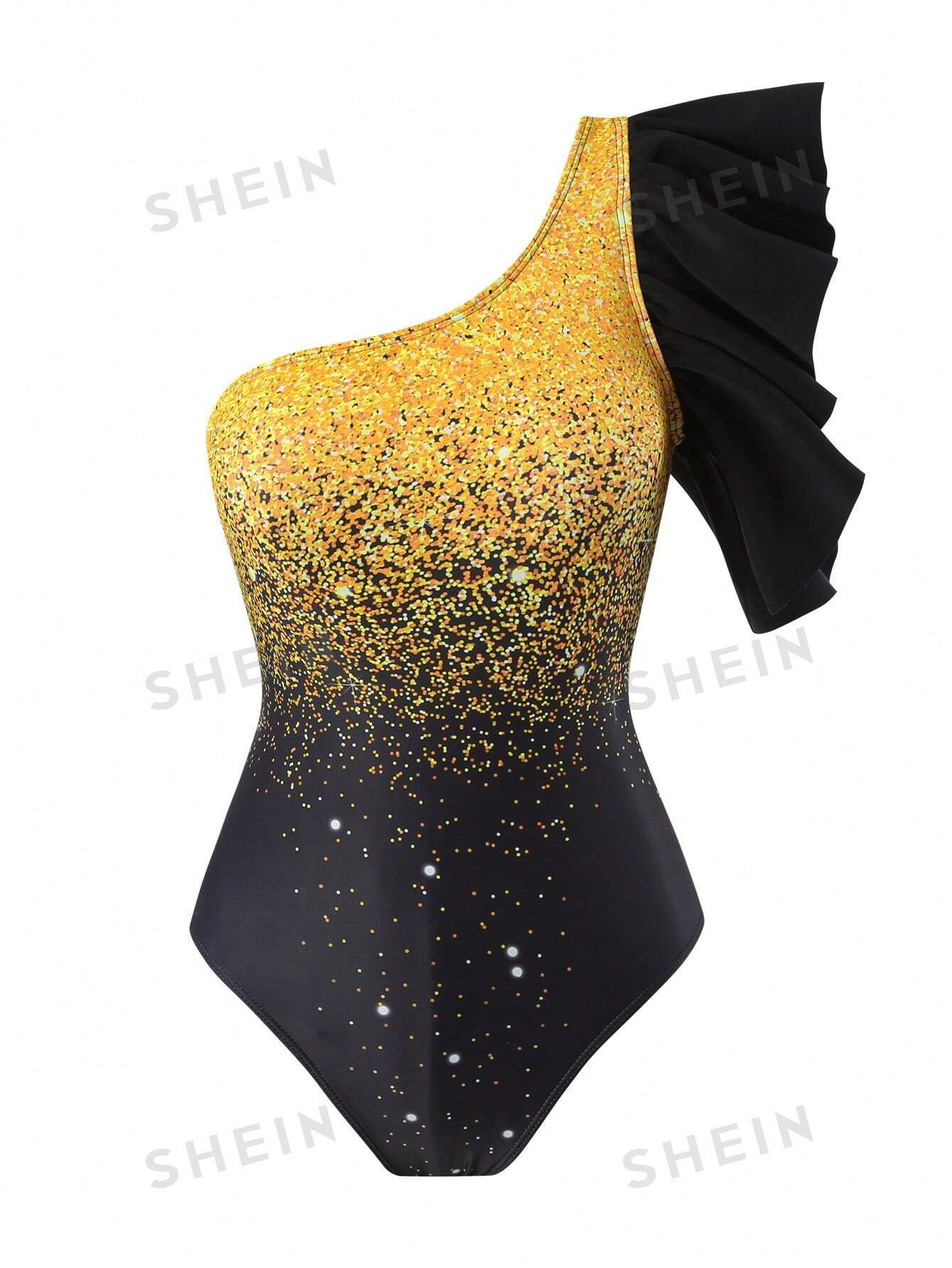 بدلة سباحة قطعة واحدة مطبوعة بألوان متعددة مع حافة مكشكشة