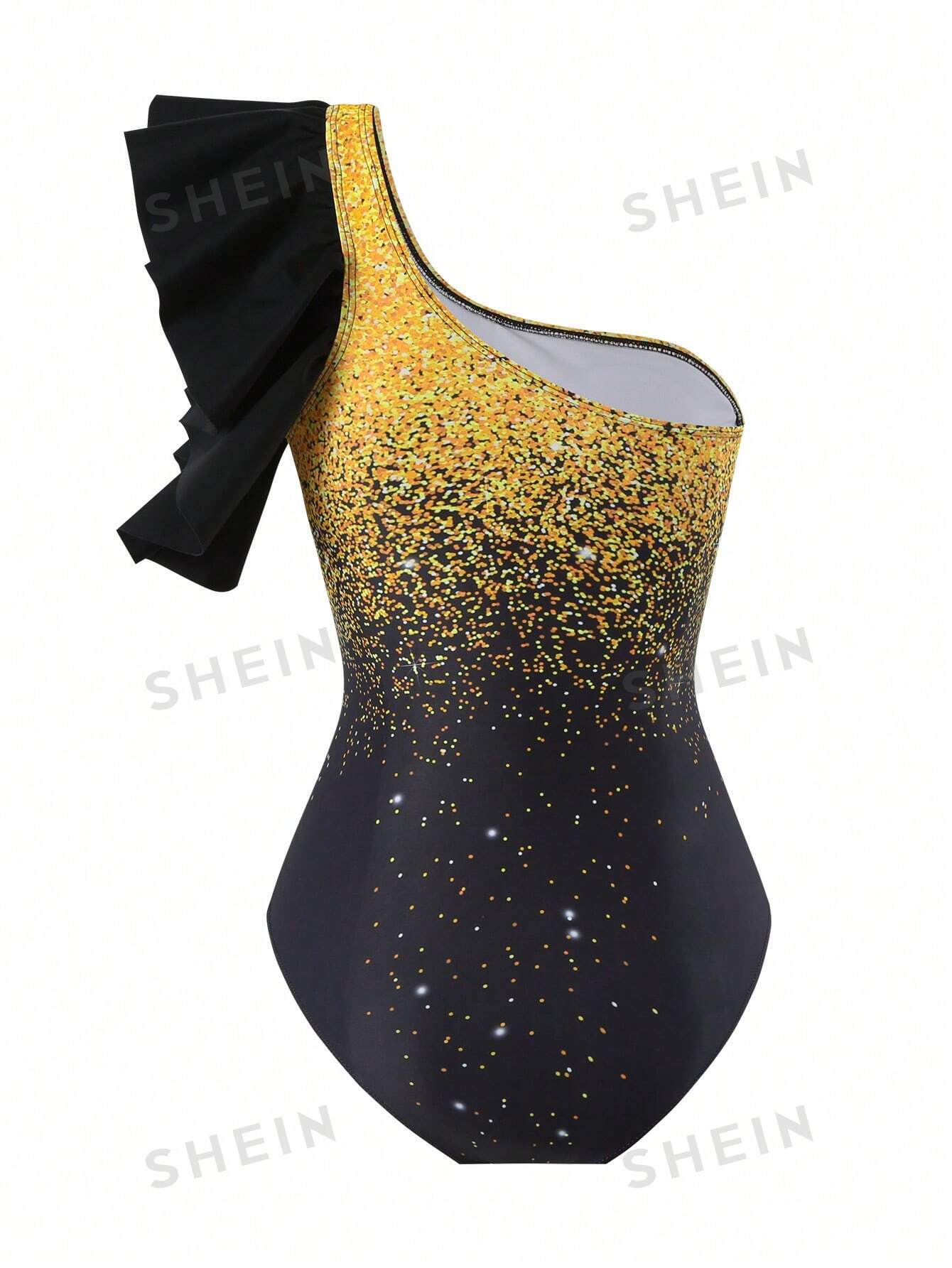 بدلة سباحة قطعة واحدة مطبوعة بألوان متعددة مع حافة مكشكشة