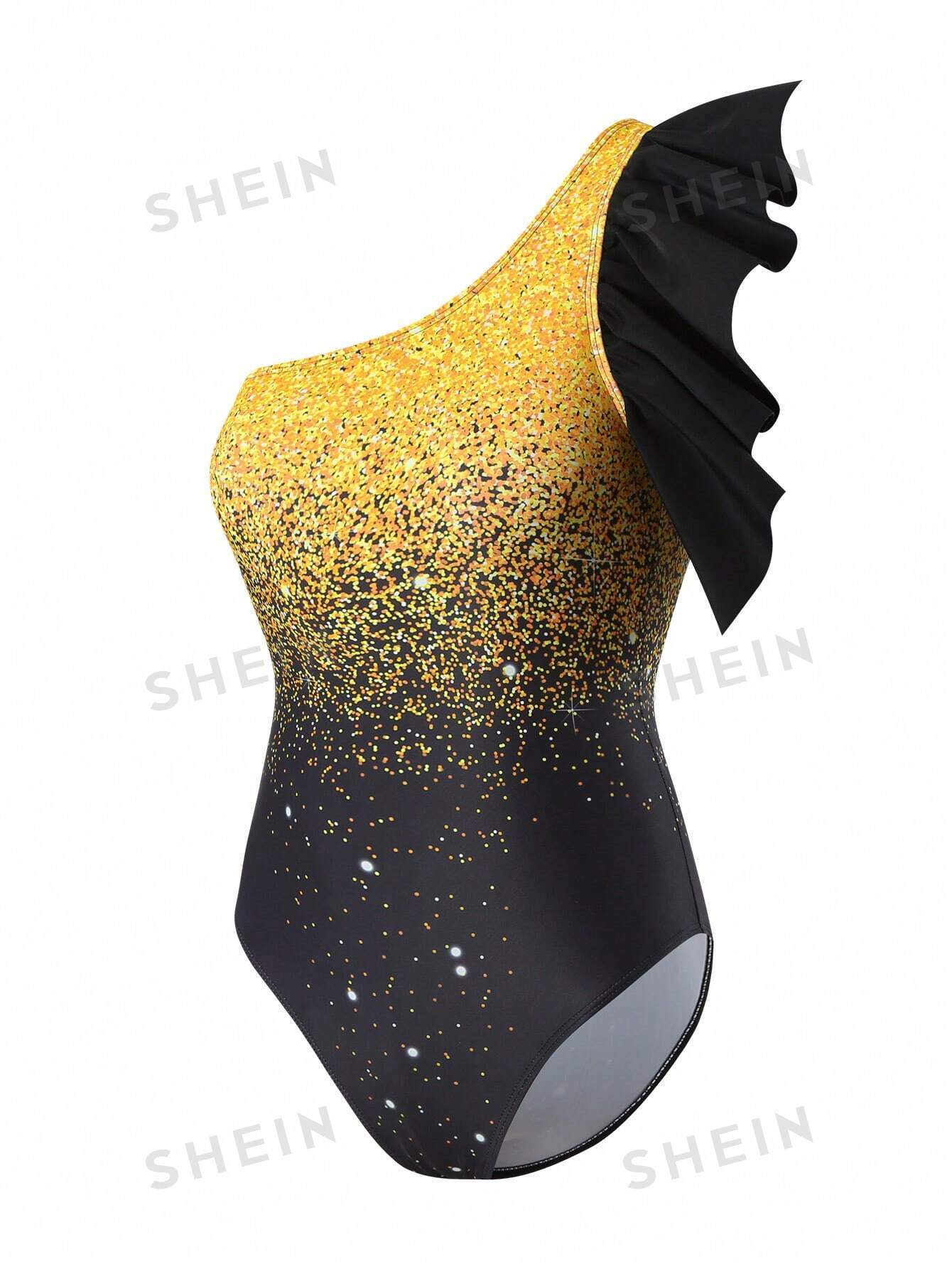 بدلة سباحة قطعة واحدة مطبوعة بألوان متعددة مع حافة مكشكشة