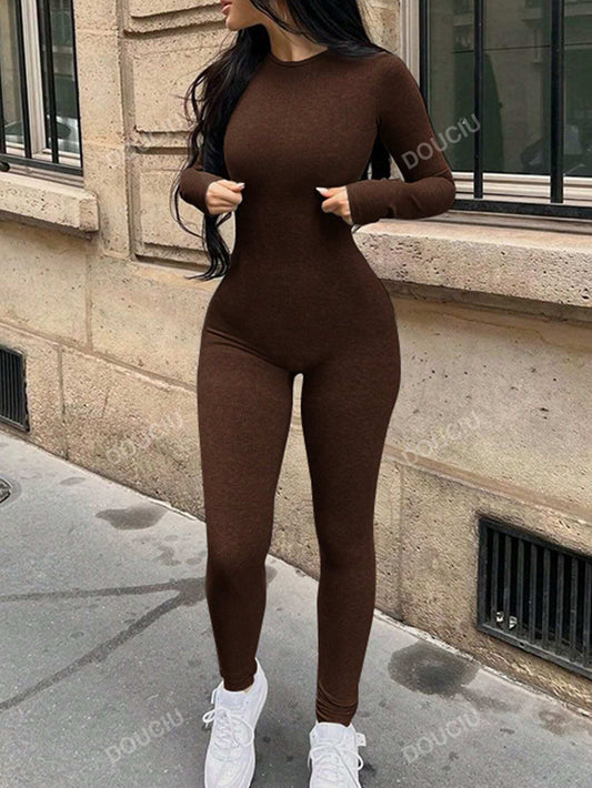 جمبسوت نسائية بأكمام طويلة وياقة مستديرة ذات لون أحادي، قطيفة ضيقة، مناسبة للربيع والخريف