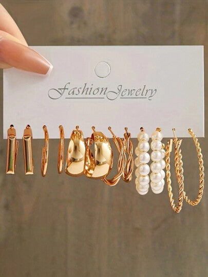 مجموعة 12 قطعة من الأقراط الهندسية البسيطة المصنوعة من اللؤلؤ الصناعي والمعدن للنساء، هدية للأعياد والمواعيد العاطفية والإرتداء اليومي