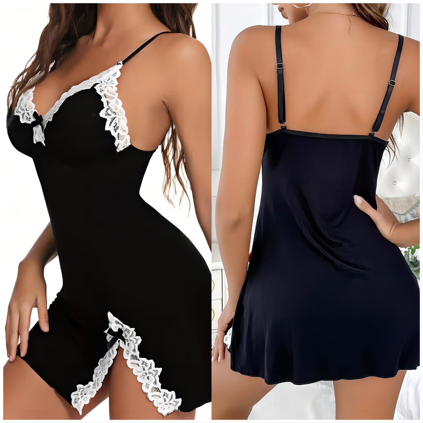 قميص نوم قصير بشريط دانتيل و عقدة أمامية و فتحة جانبية، قميص نوم