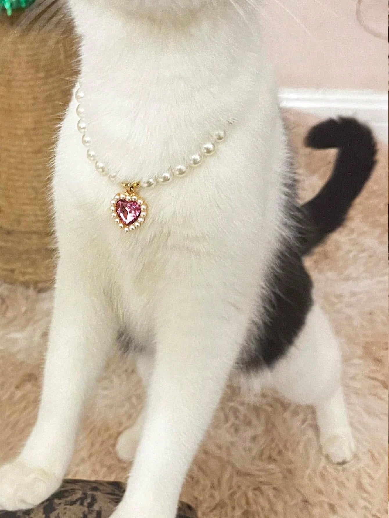قلادة قلب الحيوانات الأليفة - طوق قابل للتعديل، يحتوي على لؤلؤ صناعي، يناسب الكلاب والقطط والحيوانات الصغيرة - إكسسوار عصري ومريح لحيوانك الأليف الحبيب