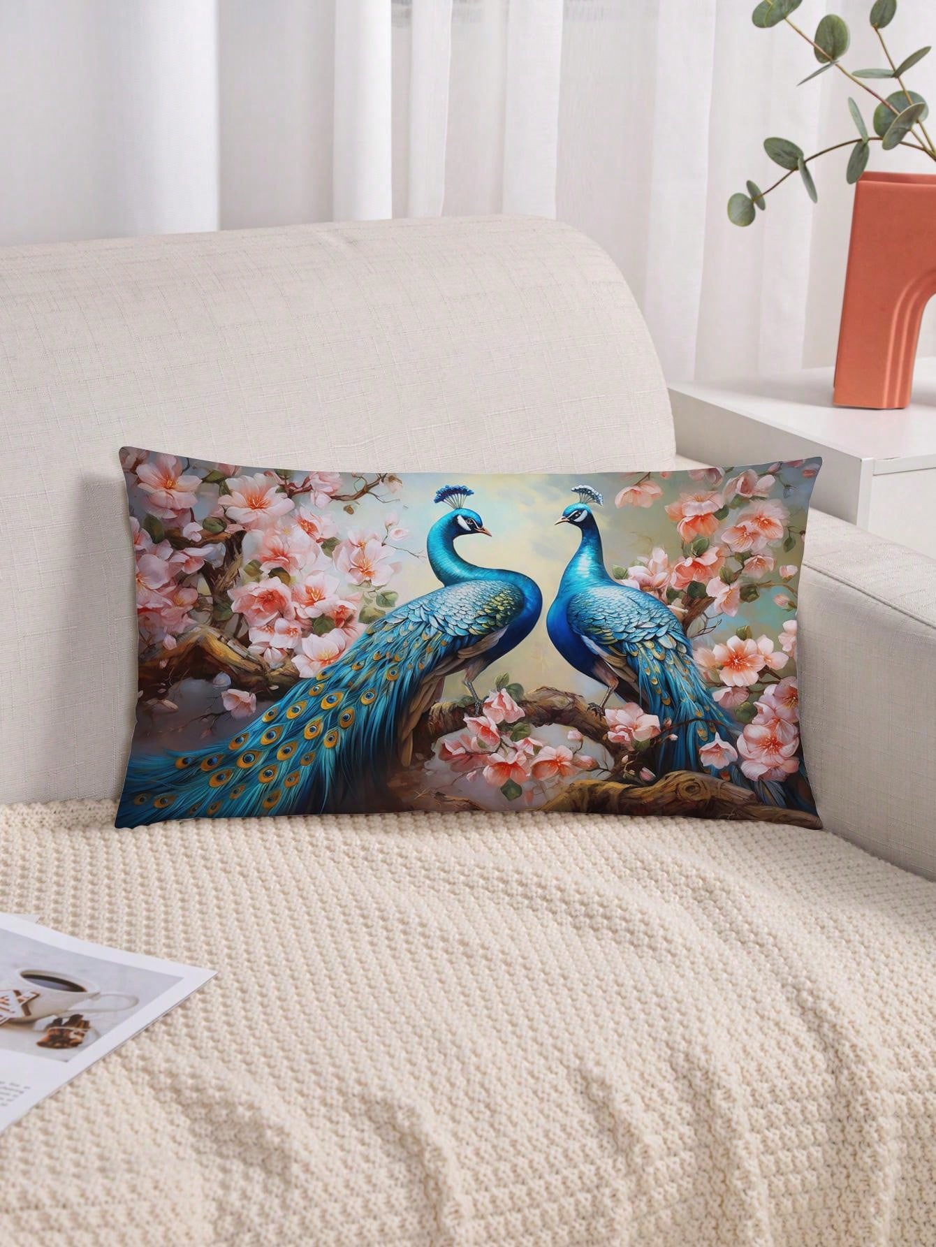 غطاء وسادة بنمط الطاووس قطعة واحدة، غطاء وسادة مزخرف بنمط الطباعة على القماش القطني المنسوج