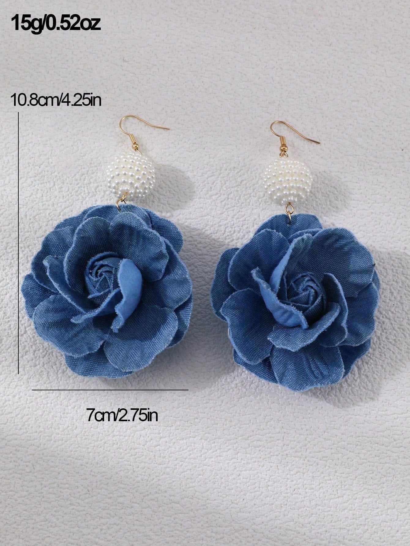 أقراط نسائية من النسيج الجينز بشكل زهرة ولؤلؤة صناعية واحدة