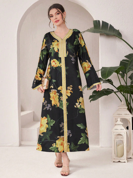 فستان نسائي بطبعة زهور عنق V وأكمام طويلة